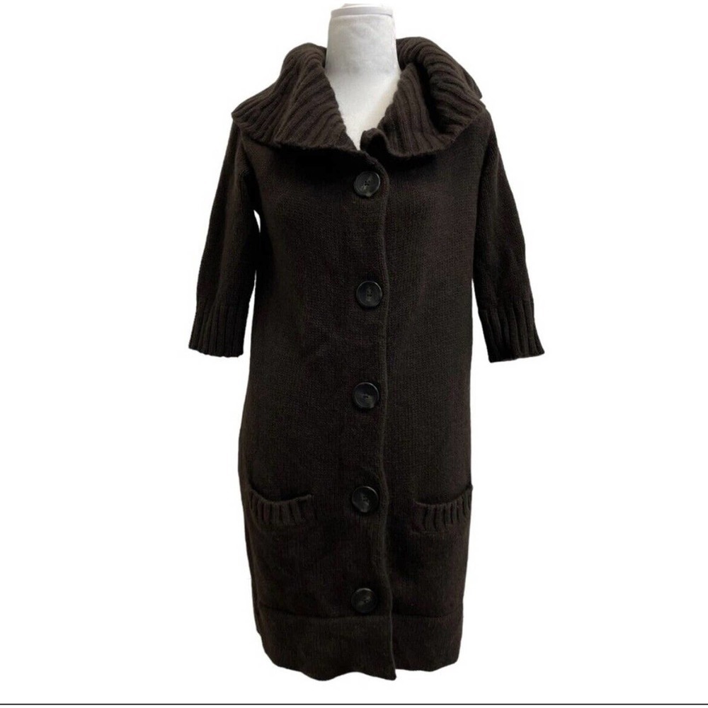 Vince Shawl Collar Long Brown Cashmere Blend Button Front Sweater